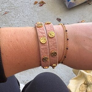 Tory Burch Blush Pink Leather Wrap Bracelet with Gold Logo Studs